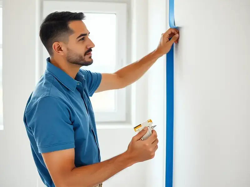 Painter carefully applying painter's tape for clean lines