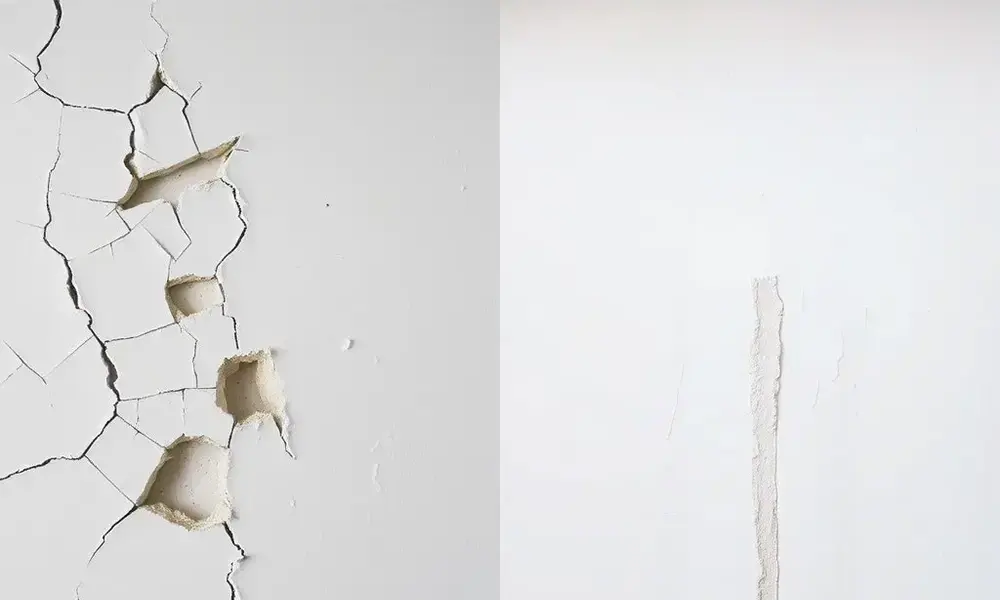 Before and after drywall repair showing damaged wall restored to smooth surface