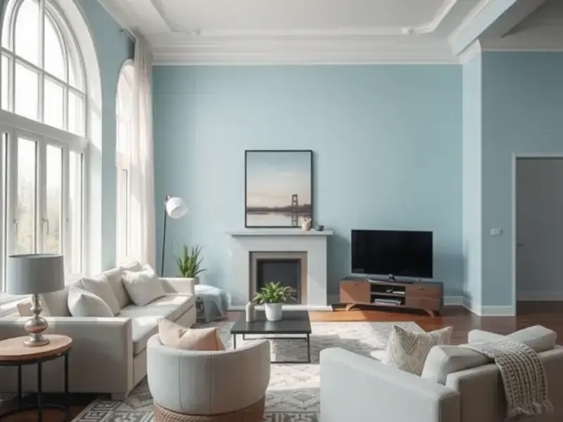 Beautifully painted living room with fresh light blue walls