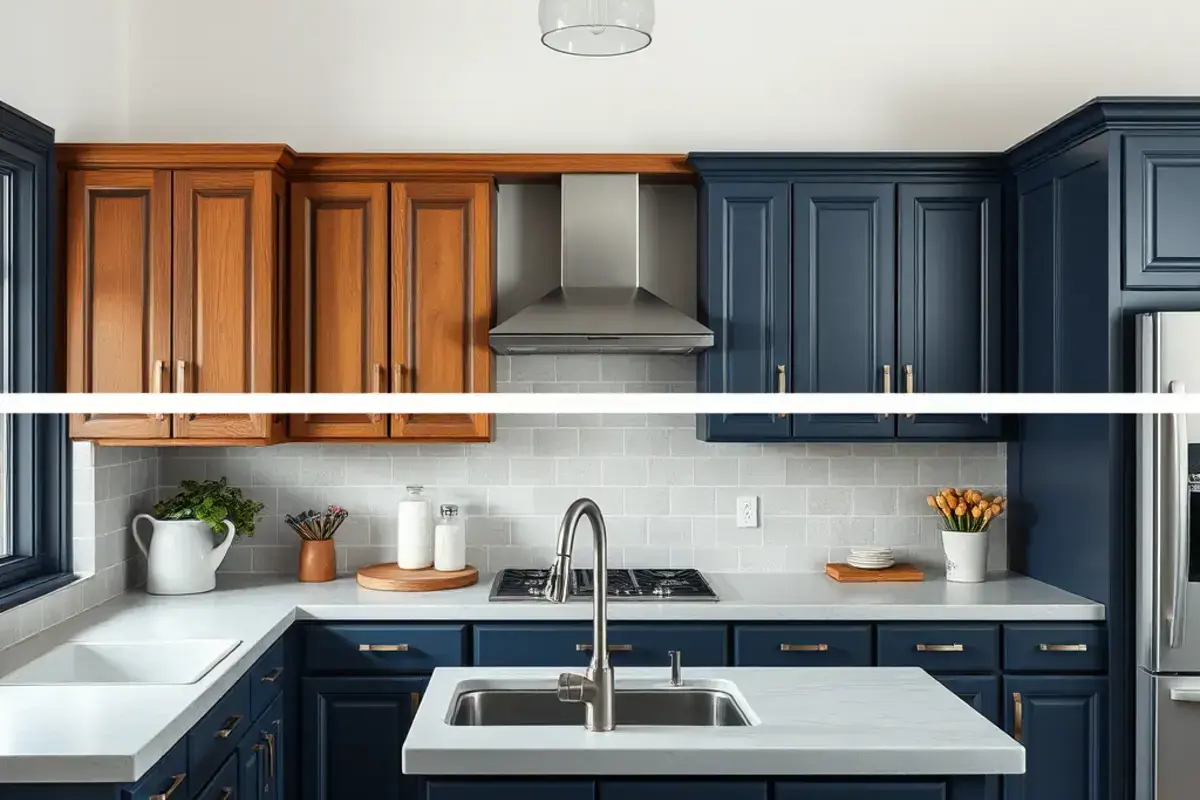 Kitchen cabinet transformation from oak to navy blue